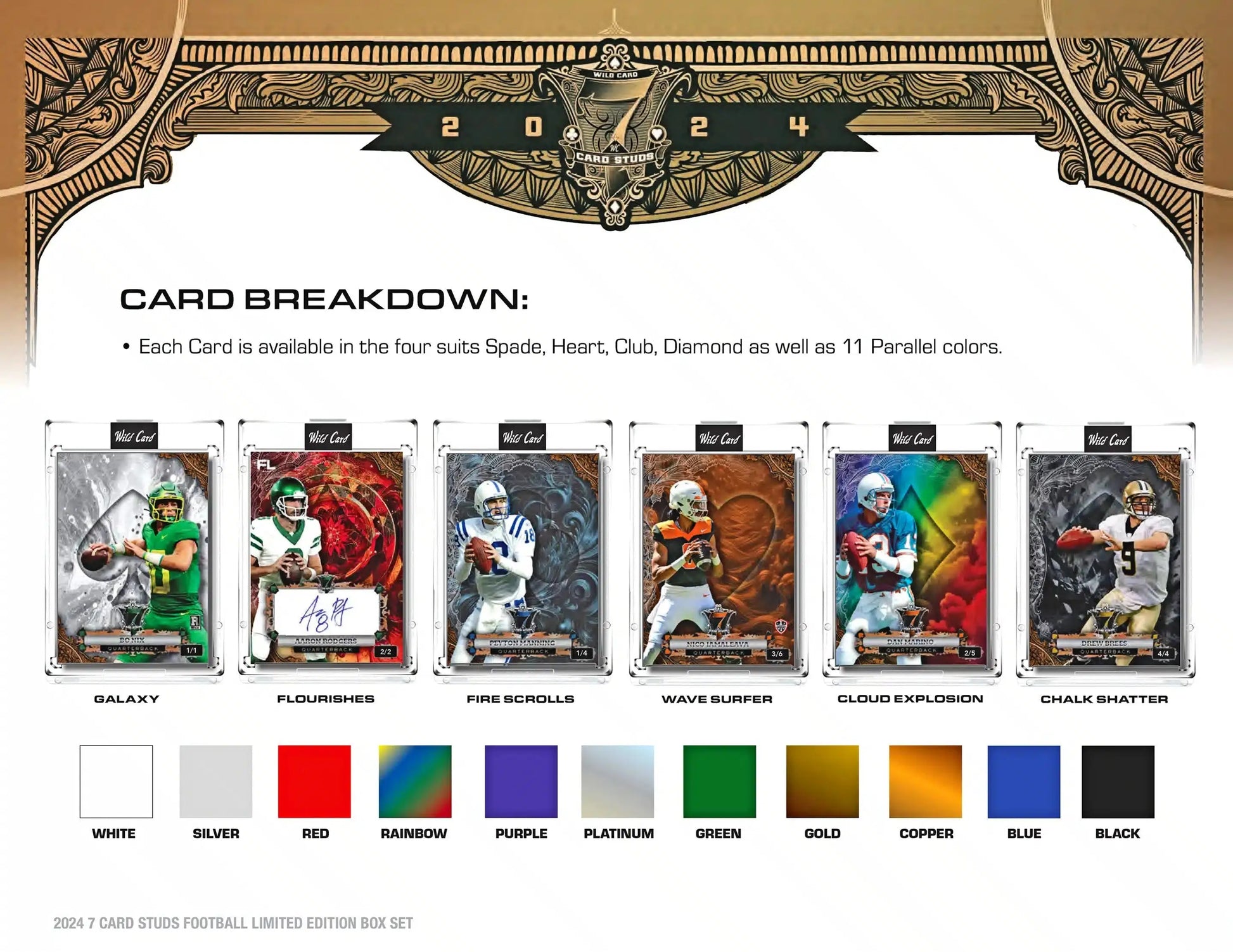 Football card collection featuring 2024 Wild Card 7 Card Studs Metal All Quarterback Edition