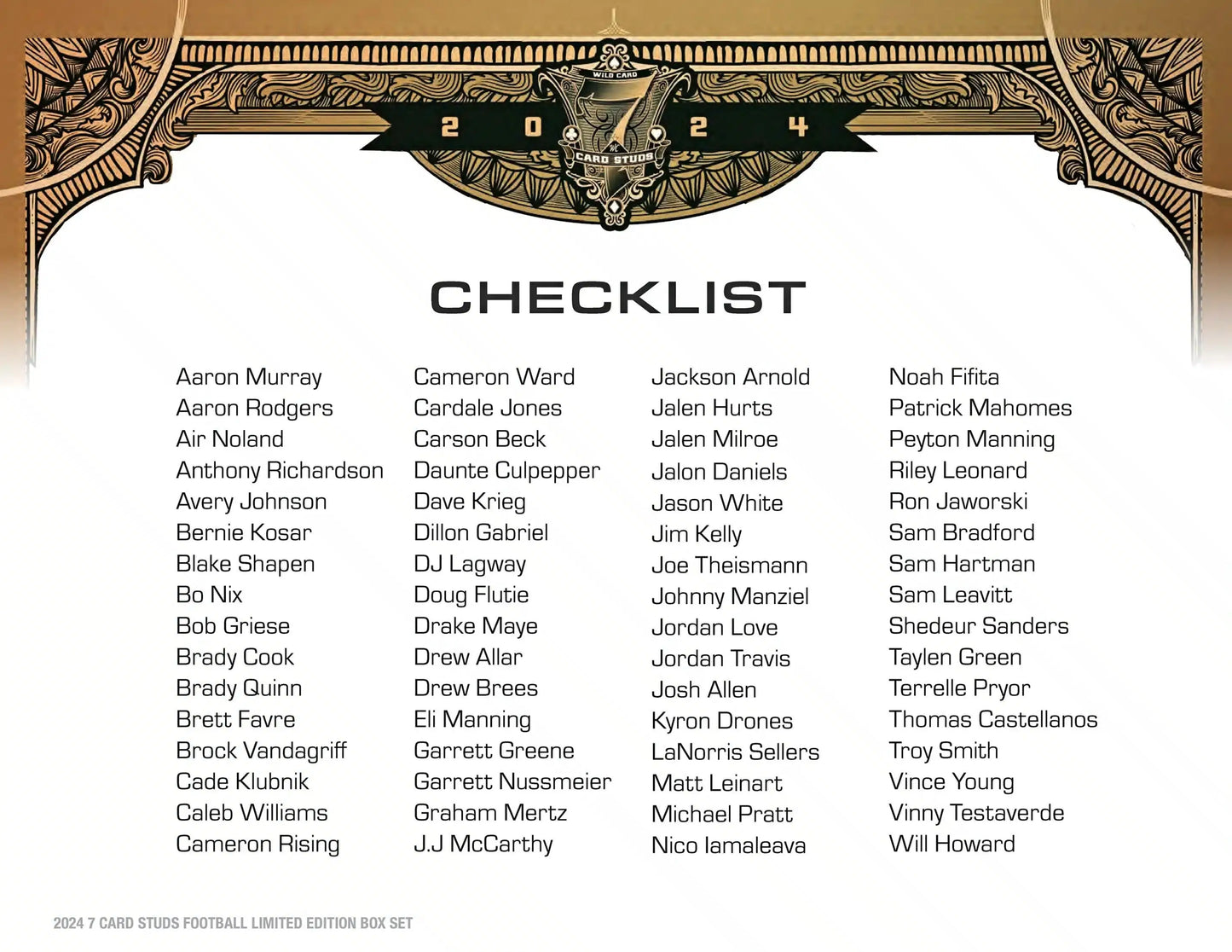 Checklist of football players on 2024 Wild Card 7 Card Studs Metal All Quarterback Edition Football Hobby Box