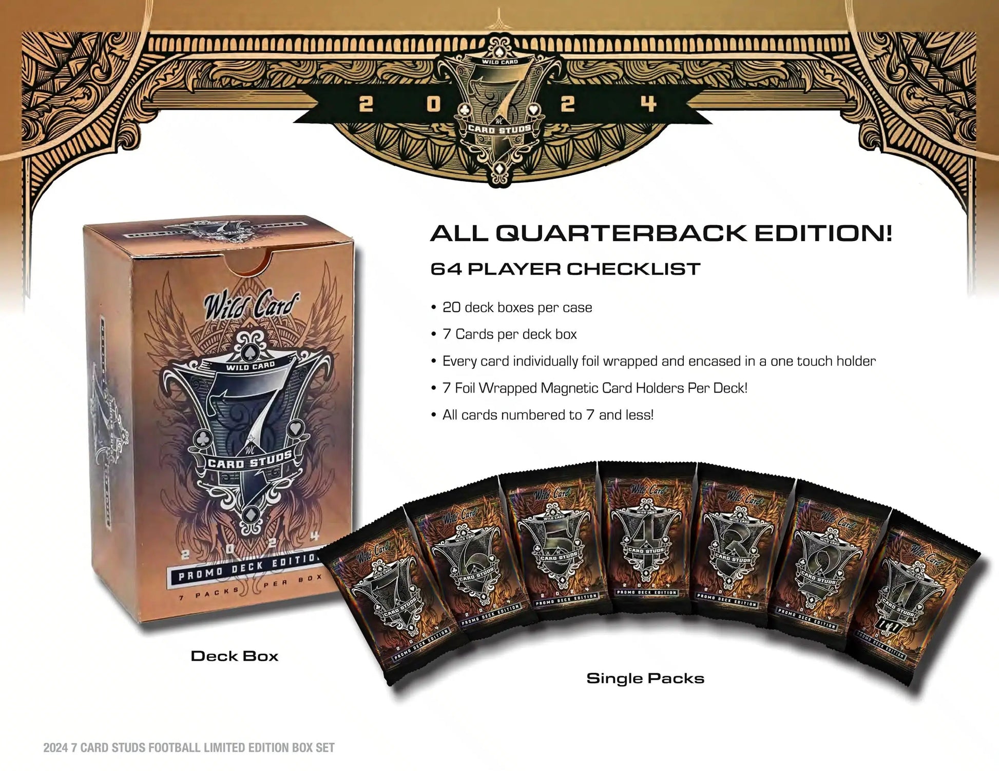 Football card deck box and packs from 2024 Wild Card 7 Card Studs Metal Football Hobby Box
