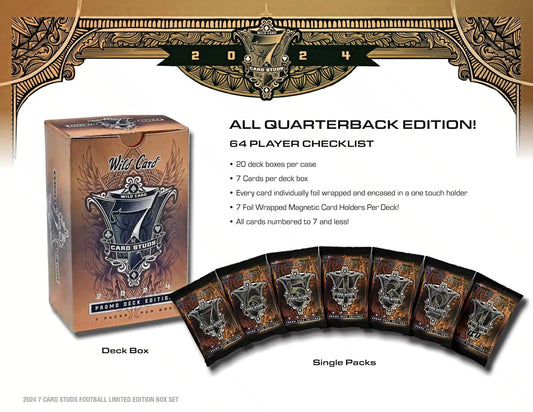 Football card deck box and packs from 2024 Wild Card 7 Card Studs Metal Football Hobby Box