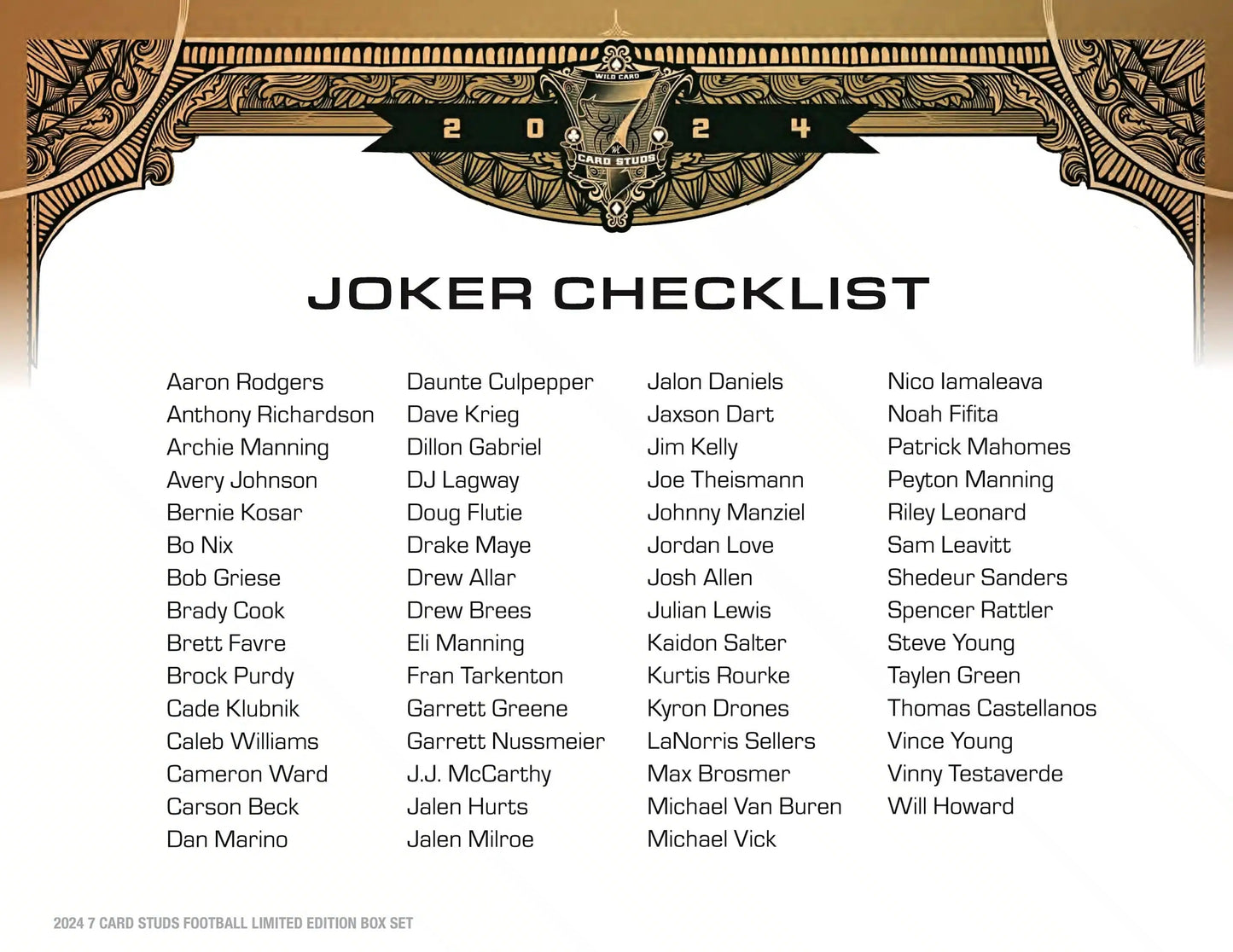 Joker Checklist of football players on 2024 Wild Card 7 Card Studs Metal Hobby Box