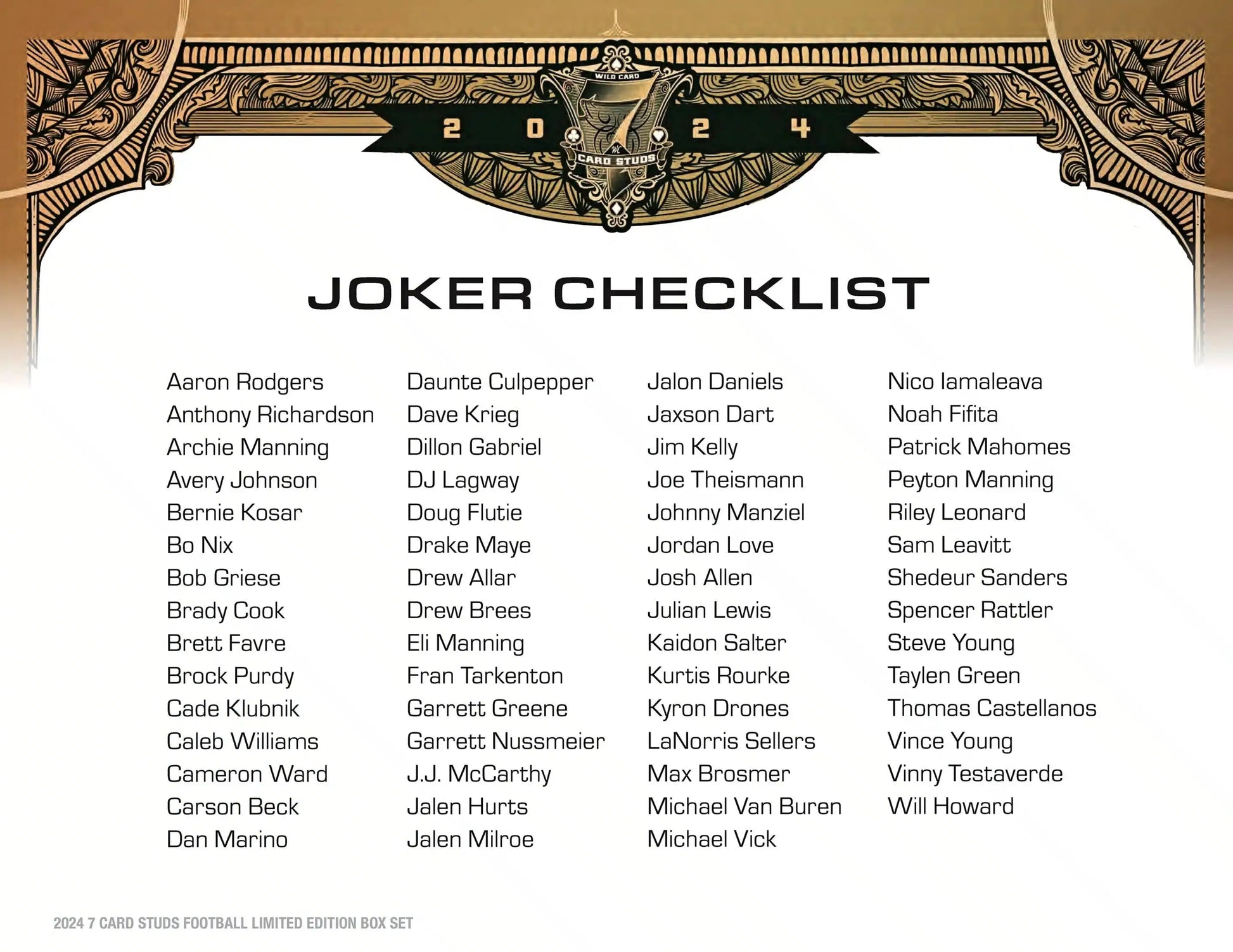 Joker Checklist of football players on 2024 Wild Card 7 Card Studs Metal Hobby Box