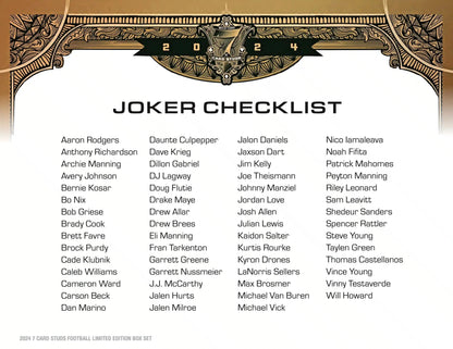 Joker Checklist of football players on 2024 Wild Card 7 Card Studs Metal Hobby Box