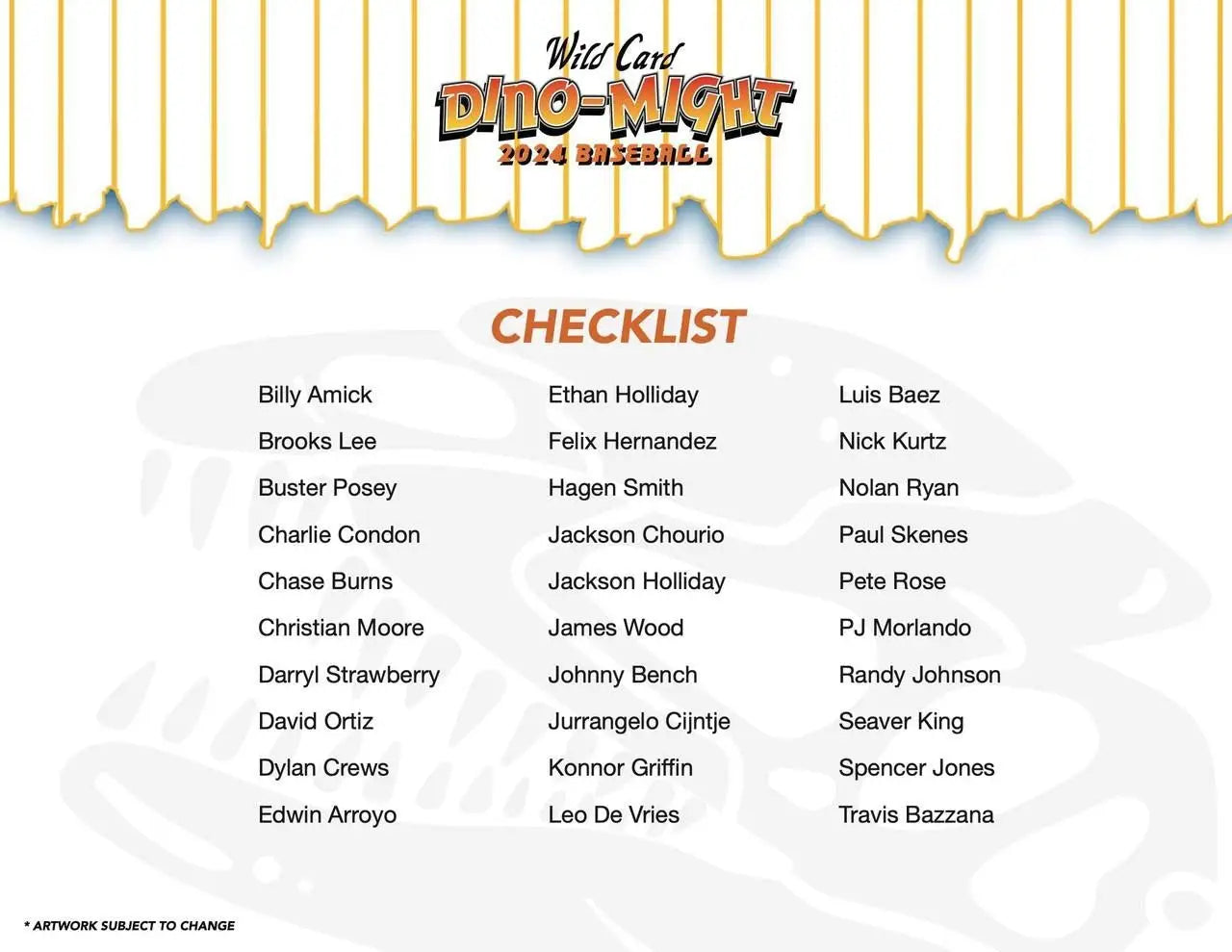 Baseball card checklist featuring Paul Skenes, Chase Burns, and Randy Johnson for 2024 Wild Card Dino-Might Hobby Box