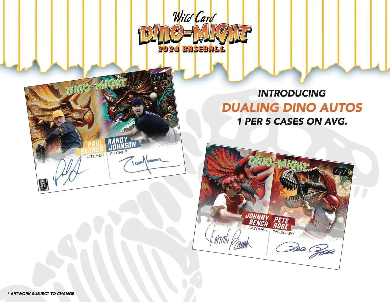 Dino-themed baseball cards inside 2024 Wild Card Dino-Might Baseball Hobby Box featuring Paul Skenes, Chase Burns, Randy Johnson