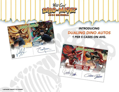 Dino-themed baseball cards inside 2024 Wild Card Dino-Might Baseball Hobby Box featuring Paul Skenes, Chase Burns, Randy Johnson