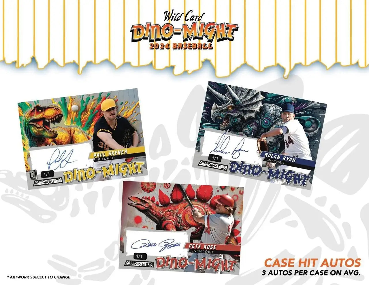 Dino-themed baseball cards with autographs featuring Paul Skenes Chase Burns Randy Johnson in 2024 Wild Card Dino-Might Hobby Box