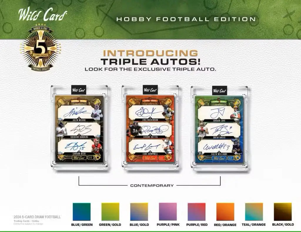 Triple-autographed football trading cards from the 2024 Wild Card Five Card Draw Hobby Box