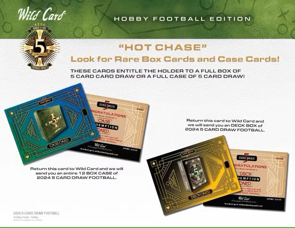 Promotional trading cards from the 2024 Wild Card Five Card Draw Football Hobby Box