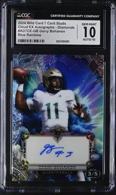 Autographed Gerry Bohanon football card featuring Blue Rainbow design from 2024 Wild Card series