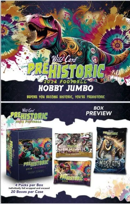 Vibrant trading card from 2024 Wild Card Pre-Historic Football Hobby Jumbo Box featuring psychedelic dinosaur