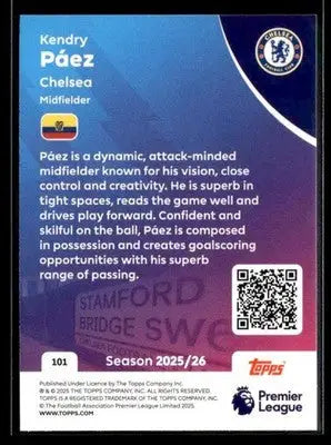 Collectible soccer trading card of Kendry Páez from 2025-26 Topps Premier League series