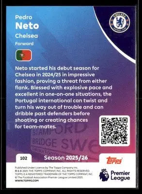 Collectible Topps Premier League Pedro Neto trading card with player profile and stats