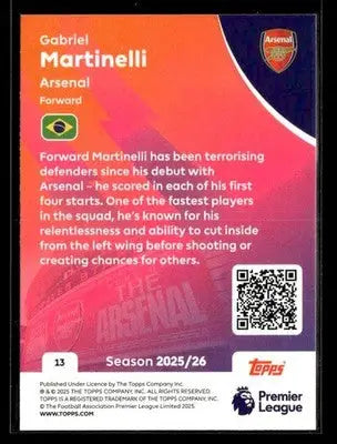 Collectible Topps Premier League trading card of Gabriel Martinelli from 2025-26 season
