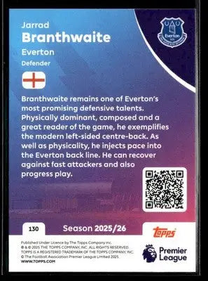 Back of a Jarrad Branthwaite Everton Topps Premier League trading card 2025-26