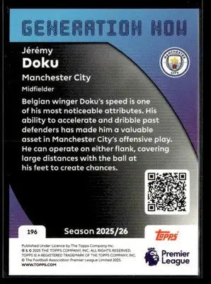 Trading card featuring Jérémy Doku from 2025-26 Topps Premier League Rainbow Foil