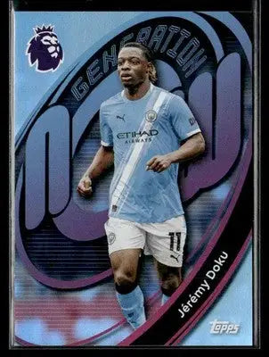 Topps Premier League Jérémy Doku Rainbow Foil trading card in light blue Manchester City kit