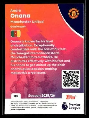 Collectible Topps Premier League trading card of André Onana Manchester United goalkeeper
