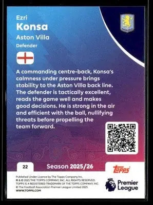 Collectible Topps Premier League Ezri Konsa football card 2025/26 Aston Villa player