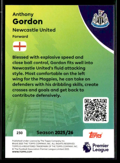 Collectible Anthony Gordon football trading card from Topps Premier League 2025-26