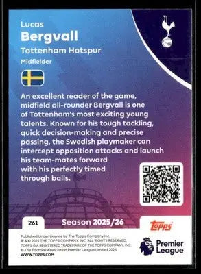 Collectible Topps Premier League trading card of Lucas Bergvall from 2025-26 series