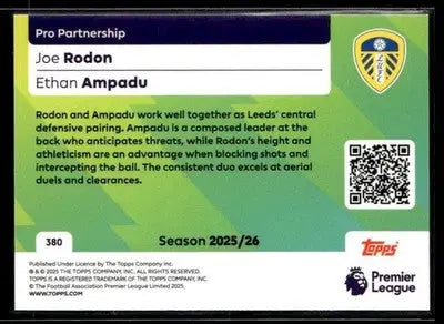 Topps Premier League Joe Rodon Ethan Ampadu collectible trading card with Leeds United logo