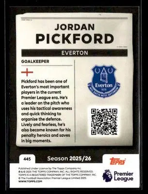 Football player trading card featuring Jordan Pickford from Topps Premier League 2025-26