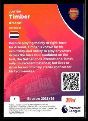 Back of a Topps Premier League Jurriën Timber trading card for 2025/26 season