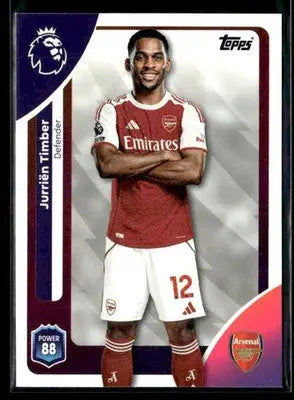 Topps Premier League Jurriën Timber trading card in Arsenal kit for 2025-26 season