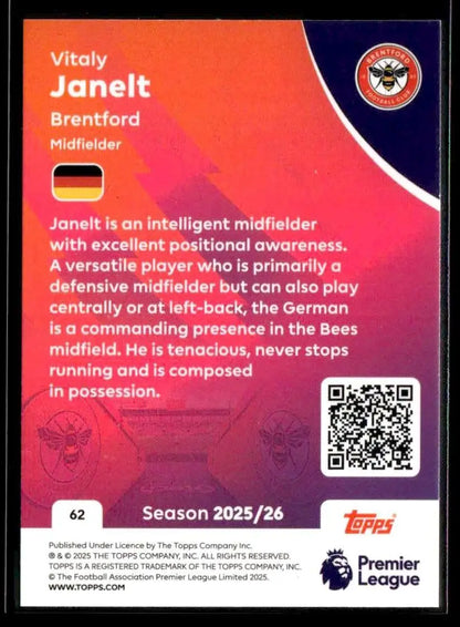 Collectible football player card of Vitaly Janelt from 2025-26 Topps Premier League series