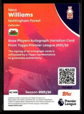 Neco Williams Nottingham Forest autographed football trading card from Topps Premier League autographs orange foil series
