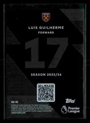Collectible football trading card of Luis Guilherme from 2025-26 Topps Premier League Black Edge Edition