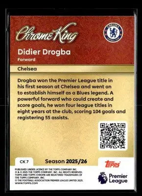 Collectible Topps Premier League Didier Drogba trading card with career stats and achievements