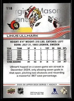 2025-26 Upper Deck #118 Linus Ullmark