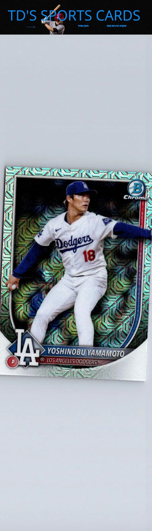 Yoshinobu Yamamoto baseball card from 2025 Bowman #18 product display