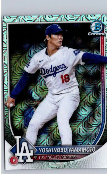 2025 Bowman Yoshinobu Yamamoto baseball card showcasing professional player profile