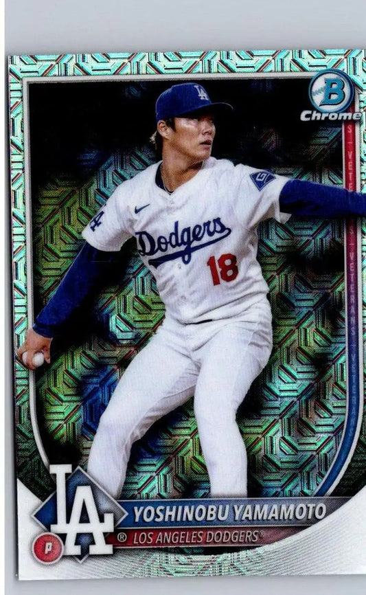 2025 Bowman Yoshinobu Yamamoto baseball card showcasing professional player profile