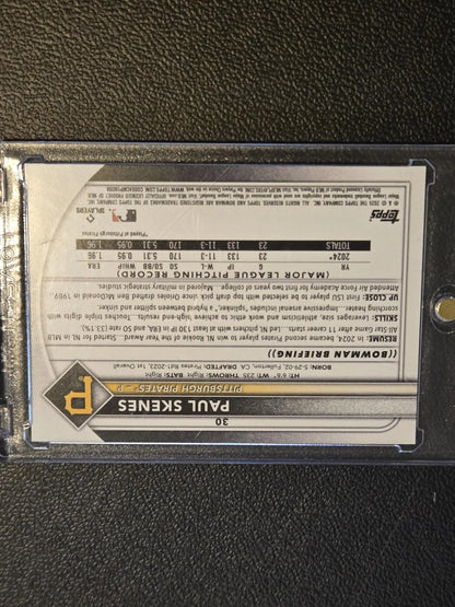 Back of a 2025 Bowman Paul Skenes baseball card showing card details and stats