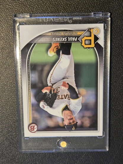 2025 Bowman Paul Skenes baseball trading card in protective case Pittsburgh Pirates