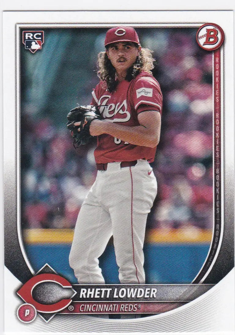 2025 Bowman Rhett Lowder RC baseball card featuring Cincinnati Reds player Lowder RC Cincinnati