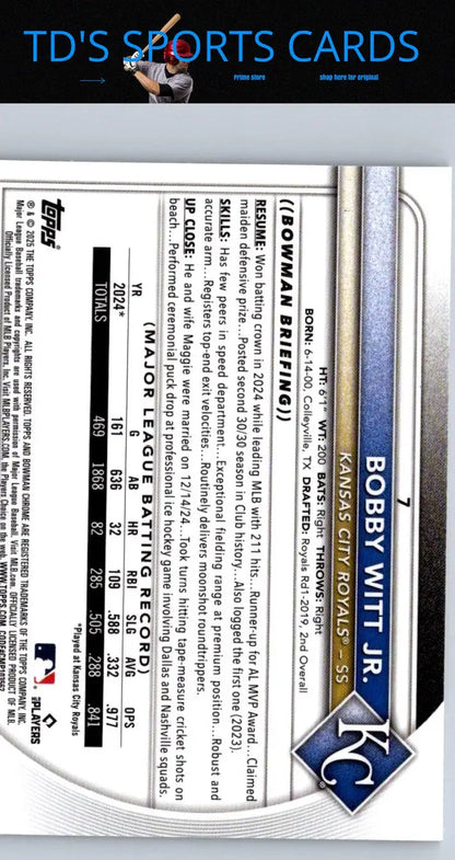 Bobby Witt Jr. baseball card 2025 Bowman Chrome Mojo Refractor perfect for collectors