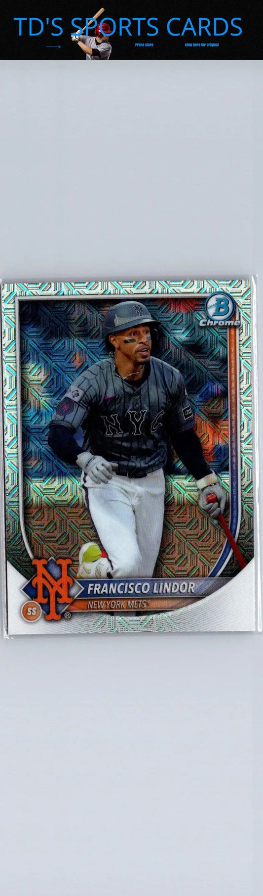 2025 Bowman Francisco Lindor Chrome Mojo Refractor baseball card featuring Lindor chrome mojo