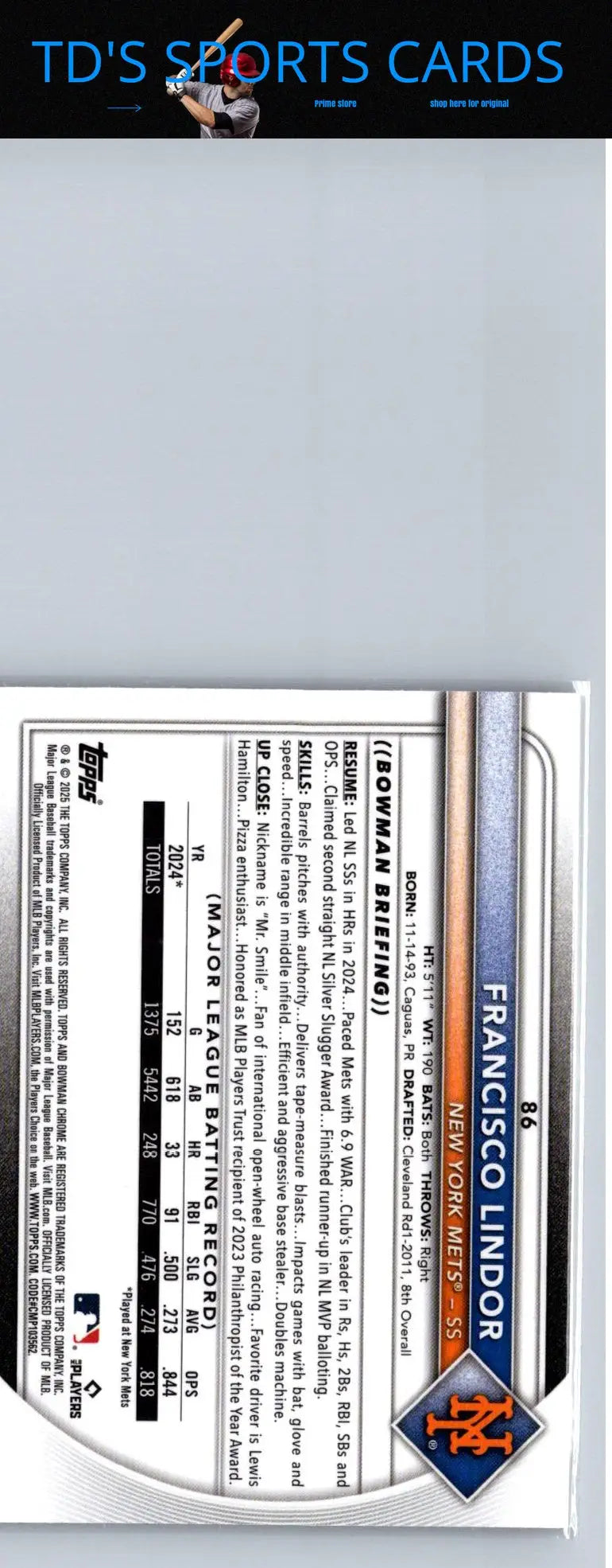 Francisco Lindor baseball card 2025 Bowman Lindor Chrome Mojo Refractor