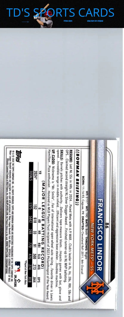 Francisco Lindor baseball card 2025 Bowman Lindor Chrome Mojo Refractor
