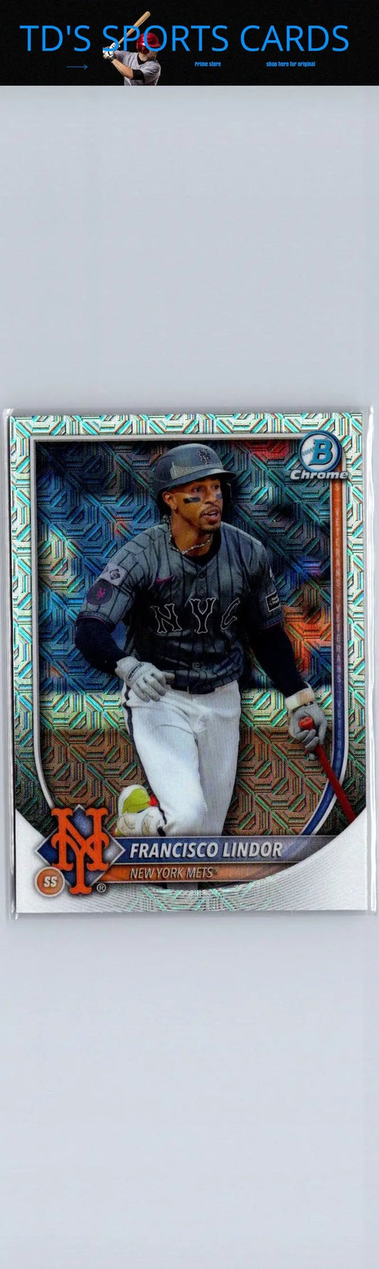 2025 Bowman Francisco Lindor Chrome Mojo Refractor baseball card featuring Lindor chrome mojo