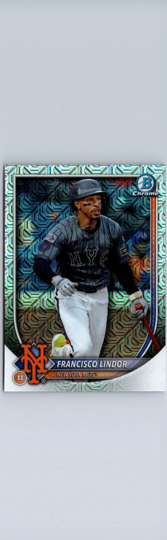 2025 Bowman Francisco Lindor Chrome Mojo Refractor baseball card featuring Lindor chrome mojo