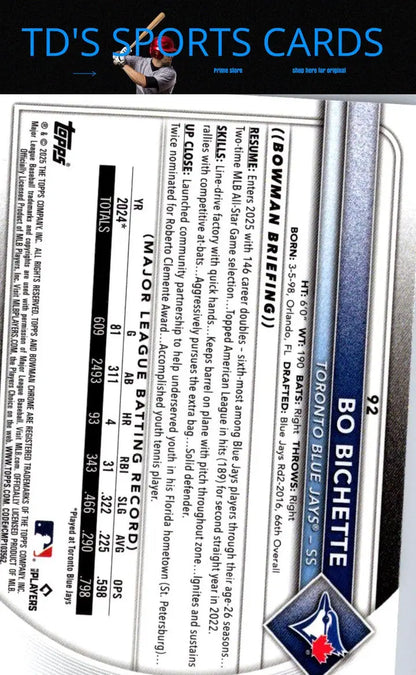 2025 Bowman Bo Bichette Chrome Mojo Refractor baseball card featuring Bichette Chrome Mojo design