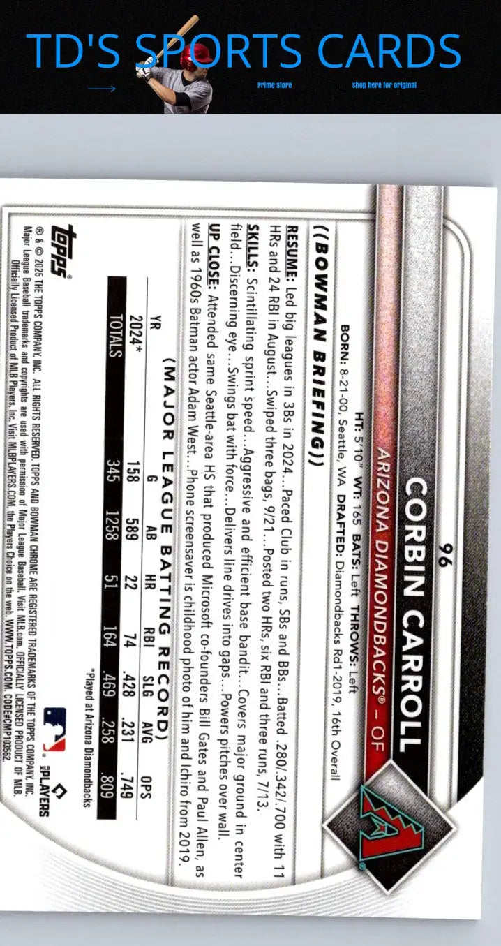 Corbin Carroll baseball card 2025 Bowman Chrome Mojo Refractor collectible featuring Carroll Chrome Mojo