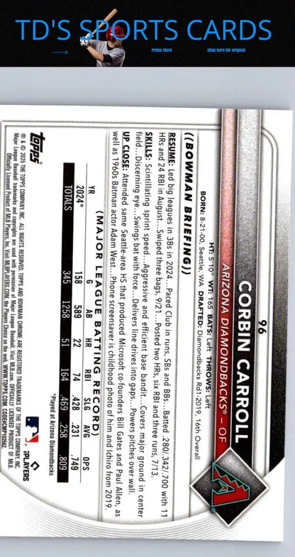 Corbin Carroll baseball card 2025 Bowman Chrome Mojo Refractor collectible featuring Carroll Chrome Mojo