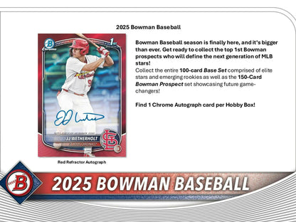 2025 Bowman Baseball Hobby Box featuring hobby exclusive chrome prospect and red refractor card
